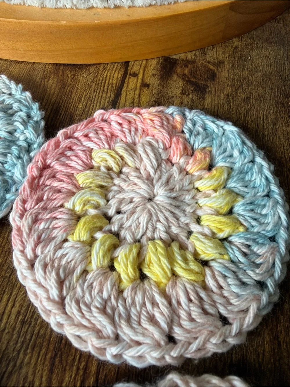 Hand Crafted Pastel Crochet Round Coasters in Pink, Blue, Gray, Cream
